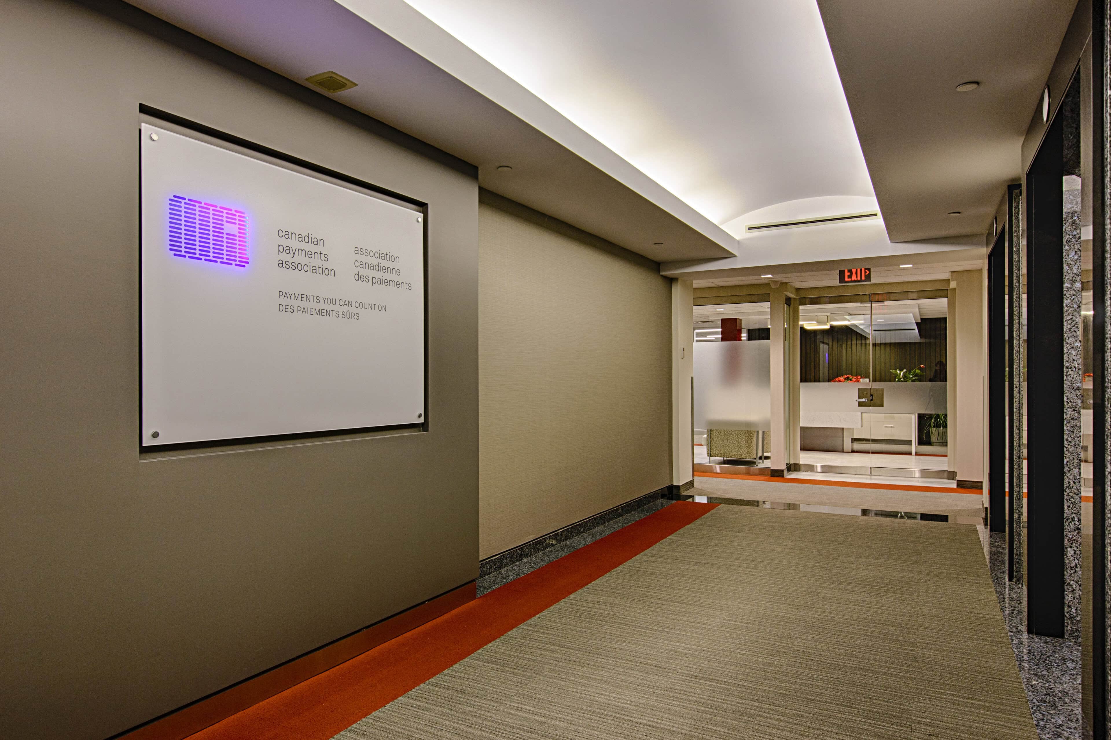 Corridor lighting at Payments Canada, Ottawa