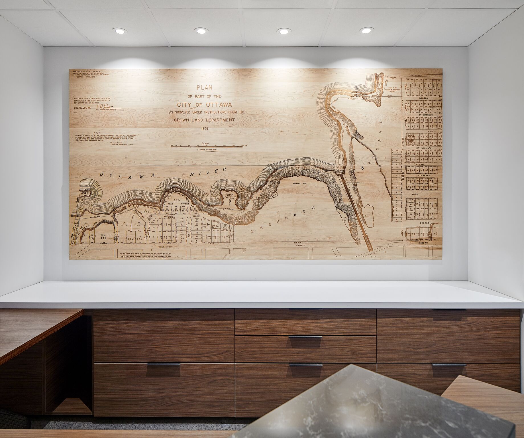 Feature wall lighting at Annis O’Sullivan Vollebekk, Kanata