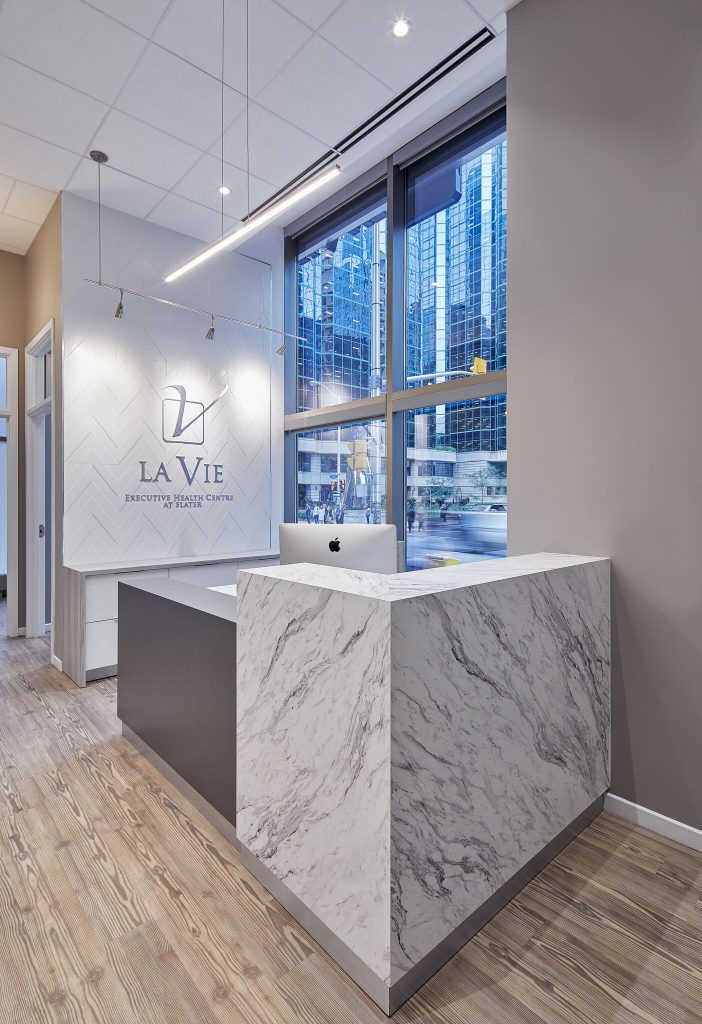 Reception desk lighting at La Vie Executive Health Centre, Ottawa