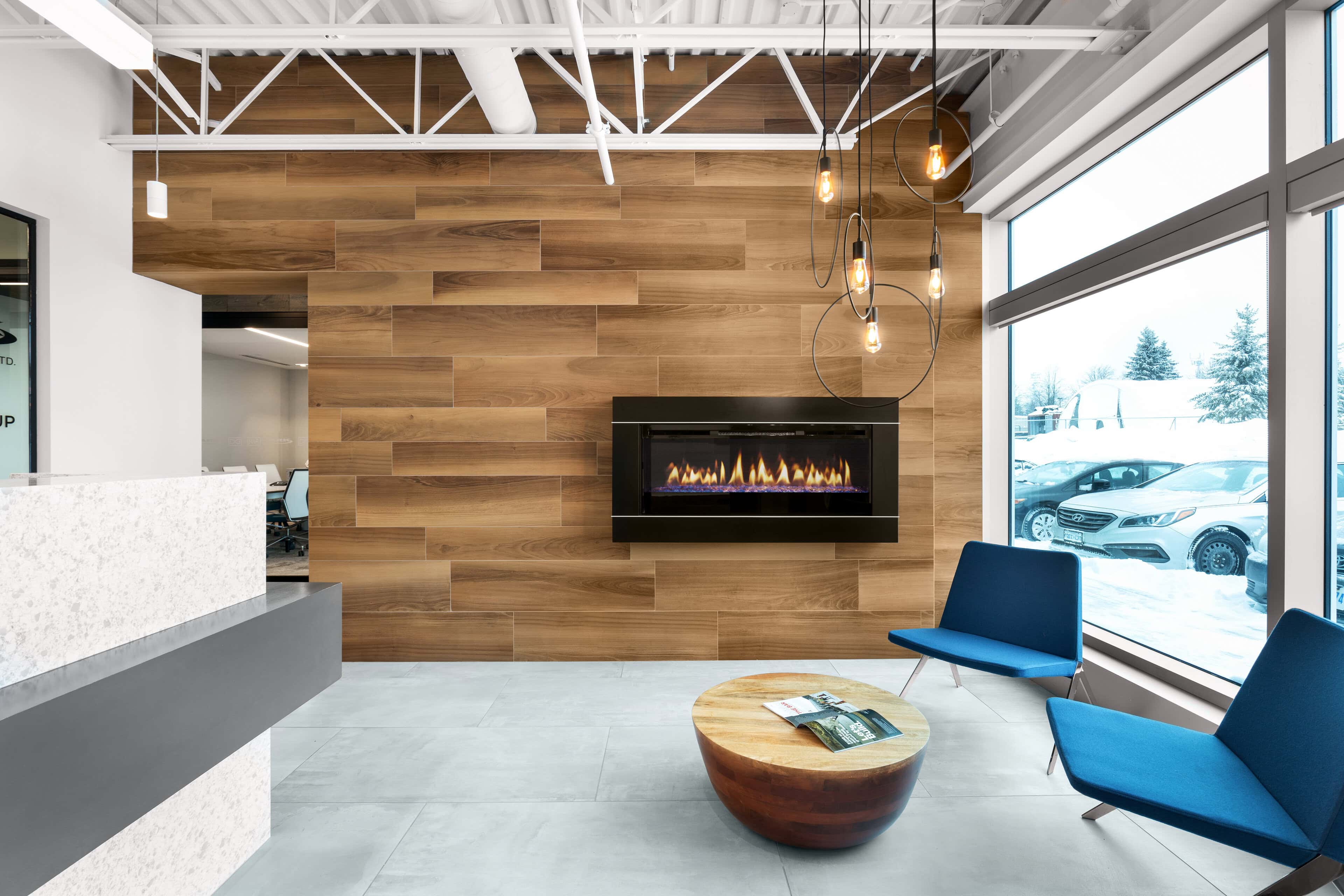 Reception lounge pendant lighting at Ark Construction, Kanata