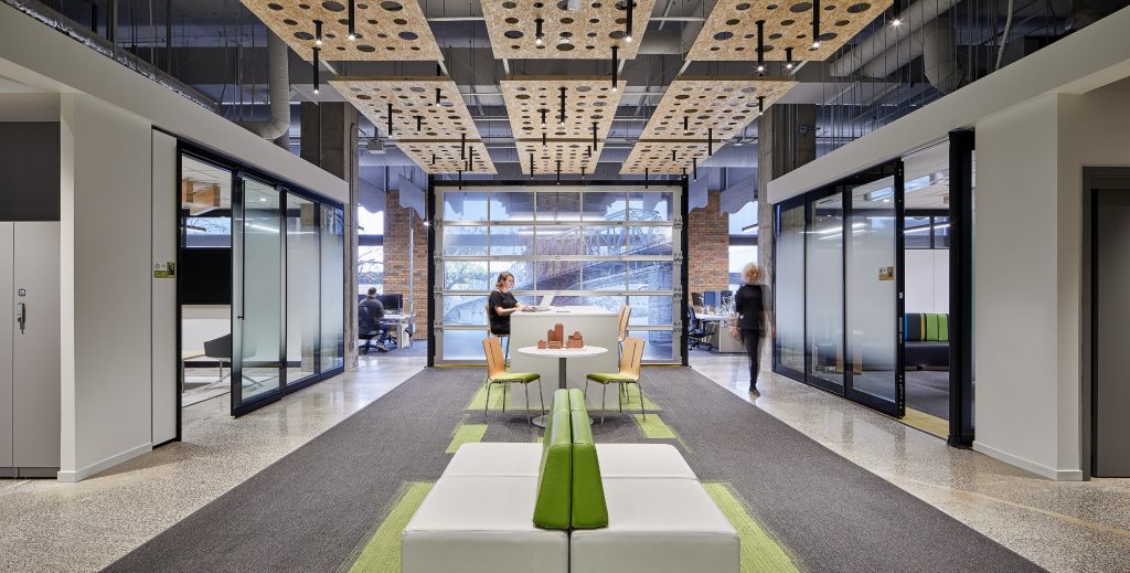Corridor ceiling lighting at GCworkplace, Gatineau