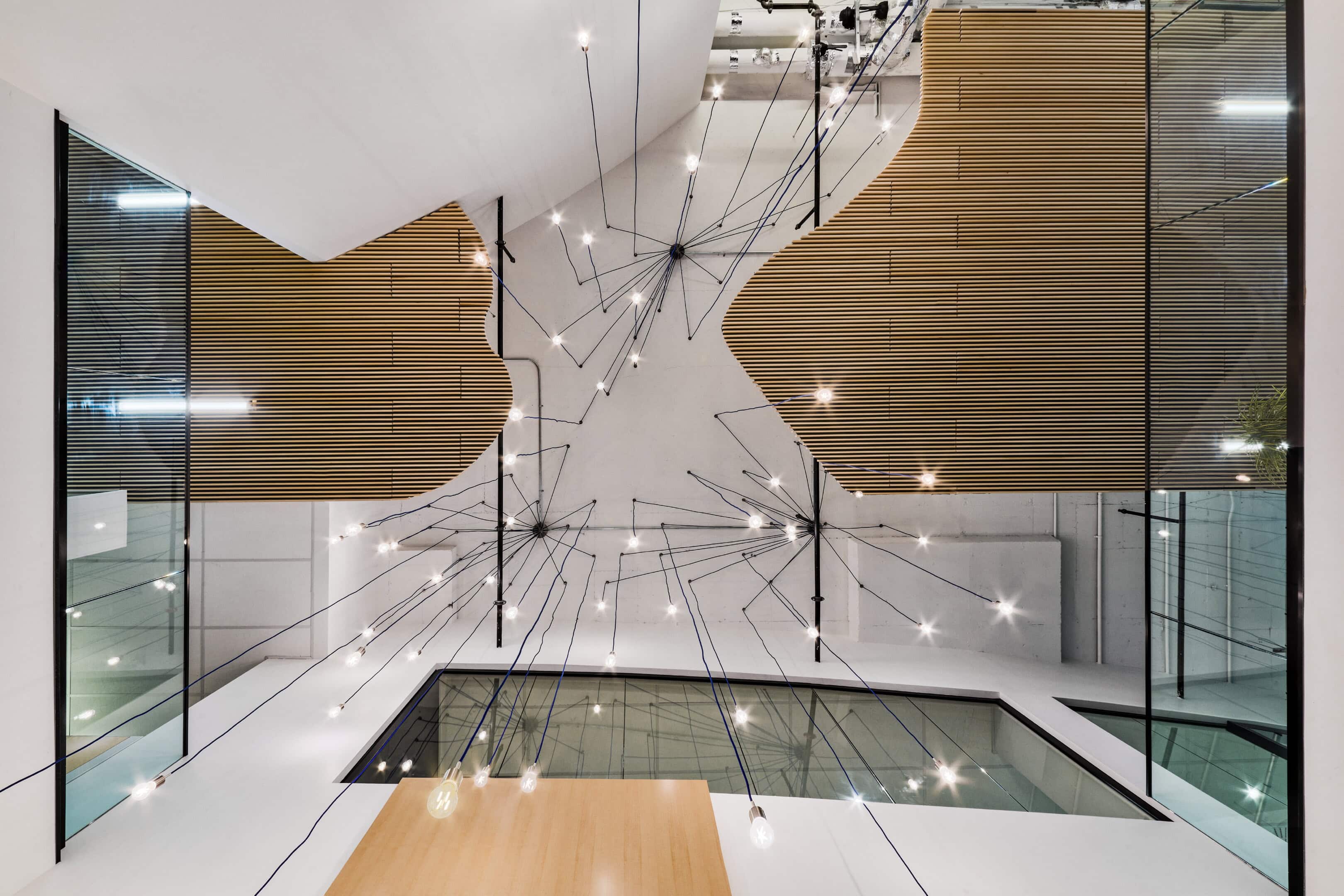 Stairwell pendant lighting at Mitel, Kanata