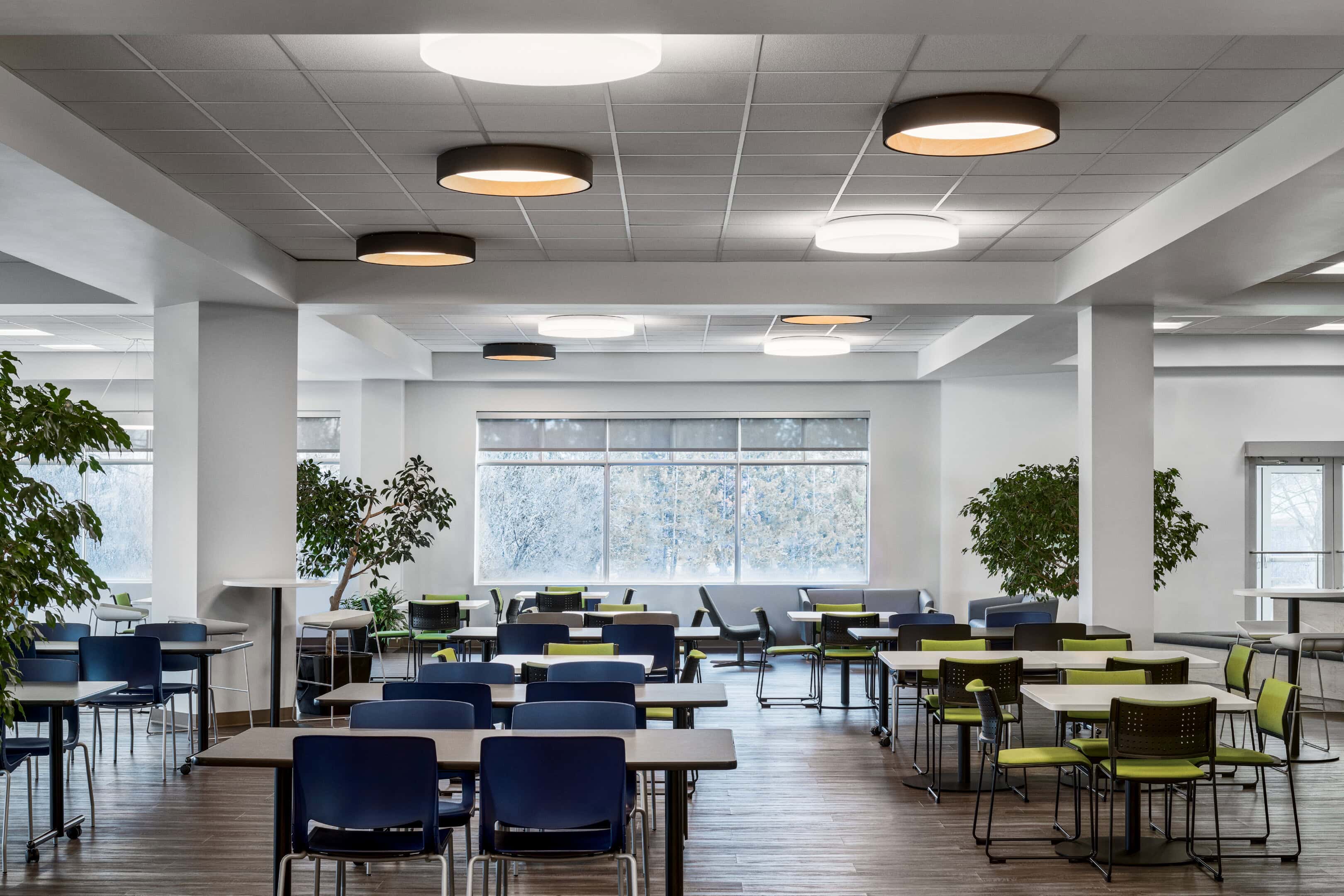 Pendant lighting over the café tables at Mitel, Kanata
