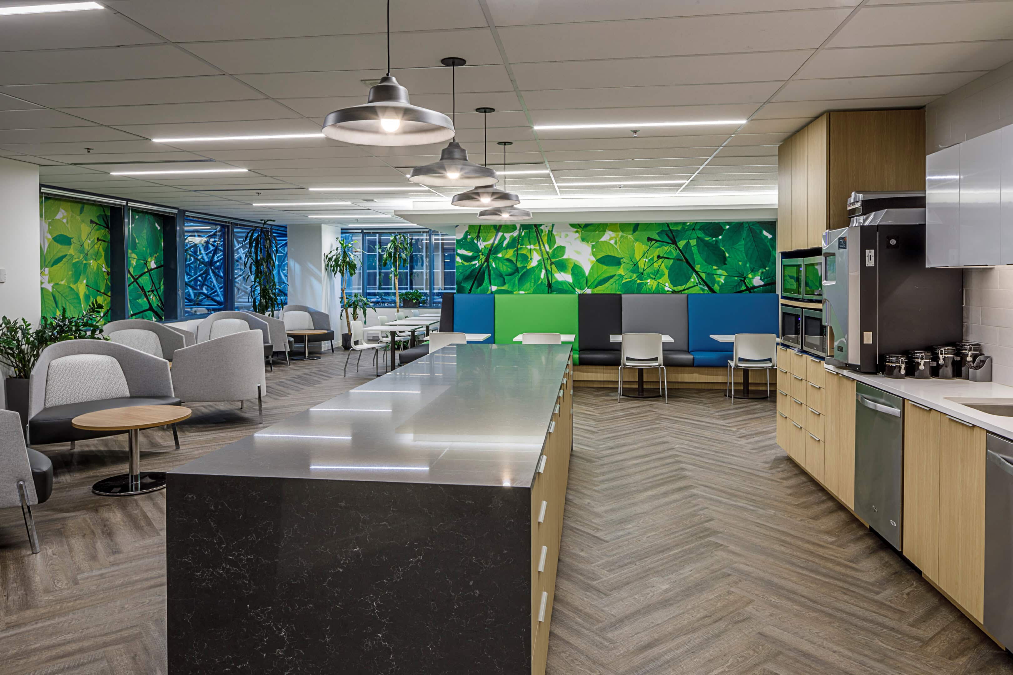Pendant lighting over the kitchen island at Healthcare Excellence Canada, Ottawa