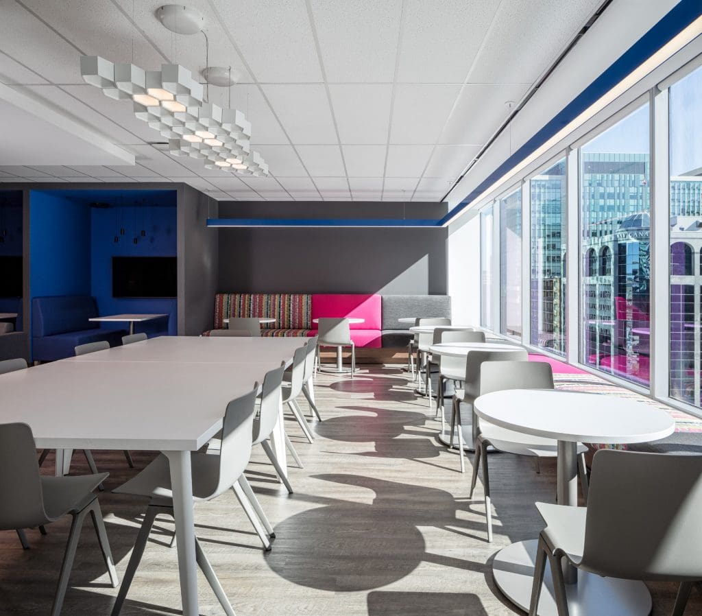Cafe lighting with track and pendant fixtures at SAS Institute Canada, Ottawa