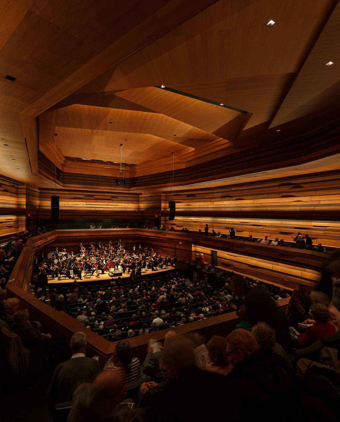 Concert hall lighting over the stage at Isabel Bader Centre for the Performing Arts, Kingston
