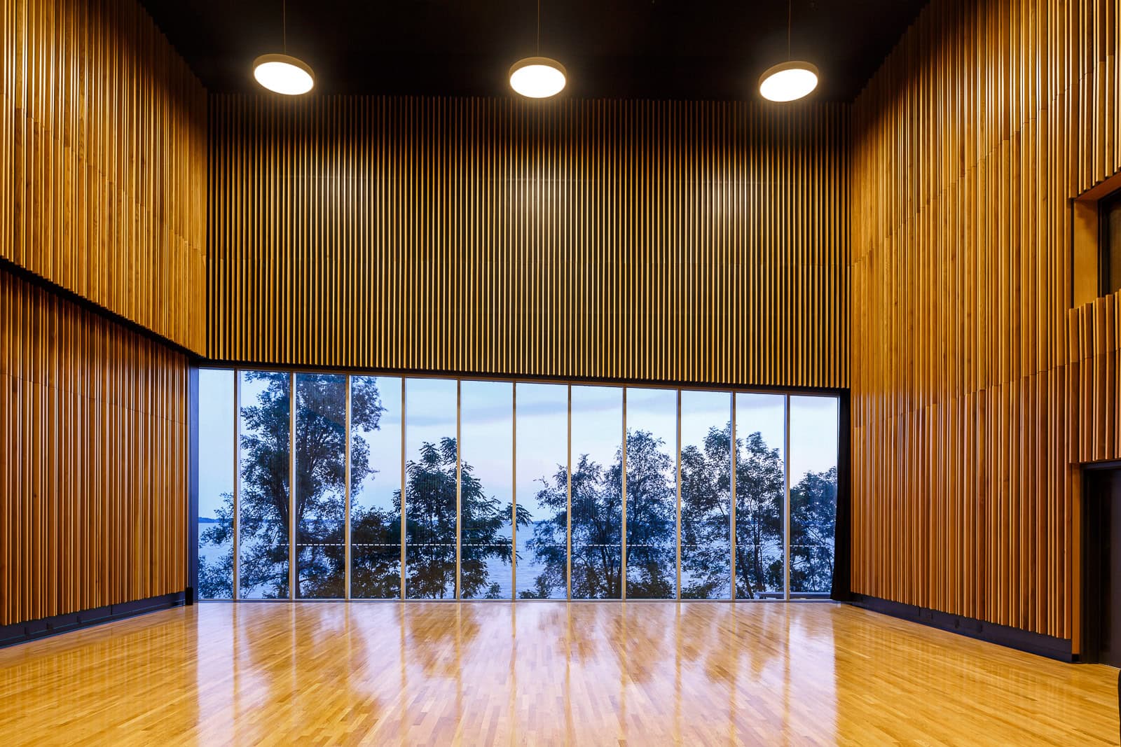 Wood corridor lighting at Isabel Bader Centre for the Performing Arts, Kingston