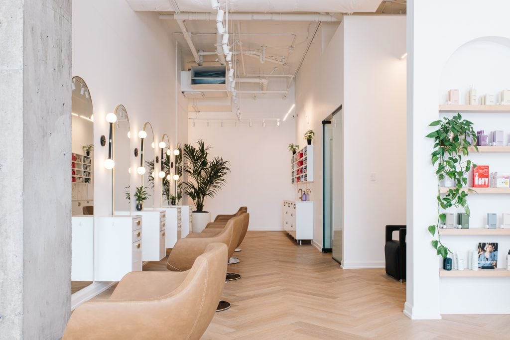 Styling station lighting at Ombel Hair Salon, Ottawa