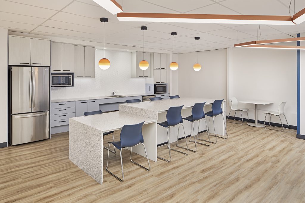 Pendant lighting over the servery island at GC Workplace, Ottawa