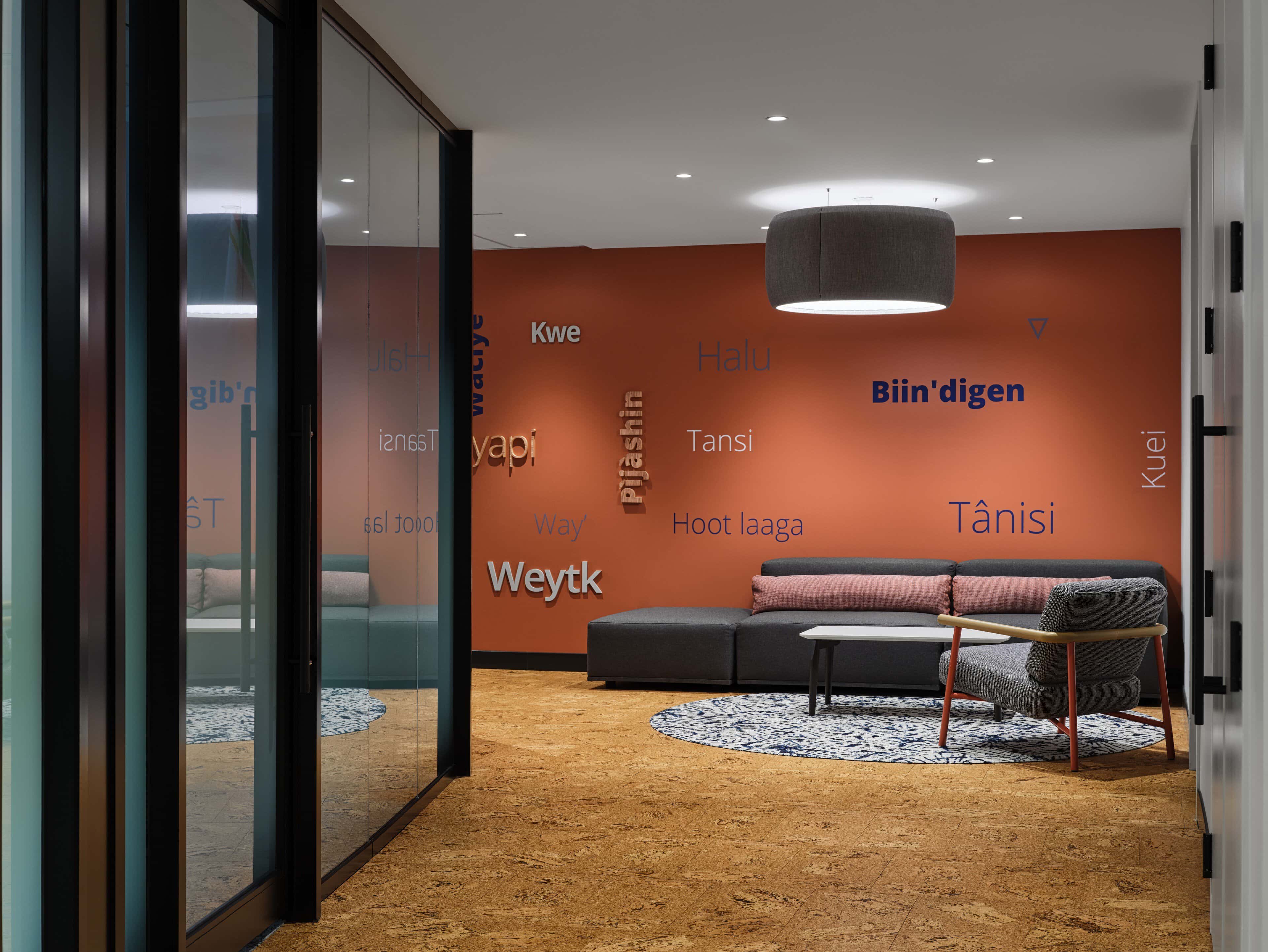 Lounge lighting with drum pendant fixture at Office of the Commissioner of Indigenous Languages (OCIL), Ottawa