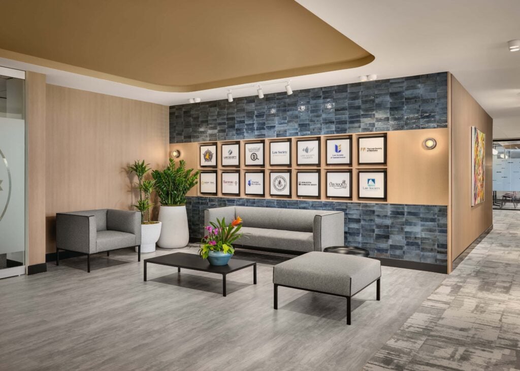 Liteline track lighting on the wall of fourteen law society crests at the Federation of Law Societies