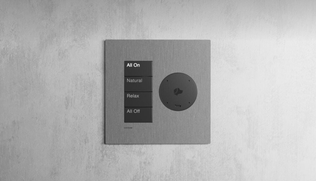 Satin-nickel Lutron Palladiom keypad with engraved scenes and a built-in Josh.ai Nano microphone