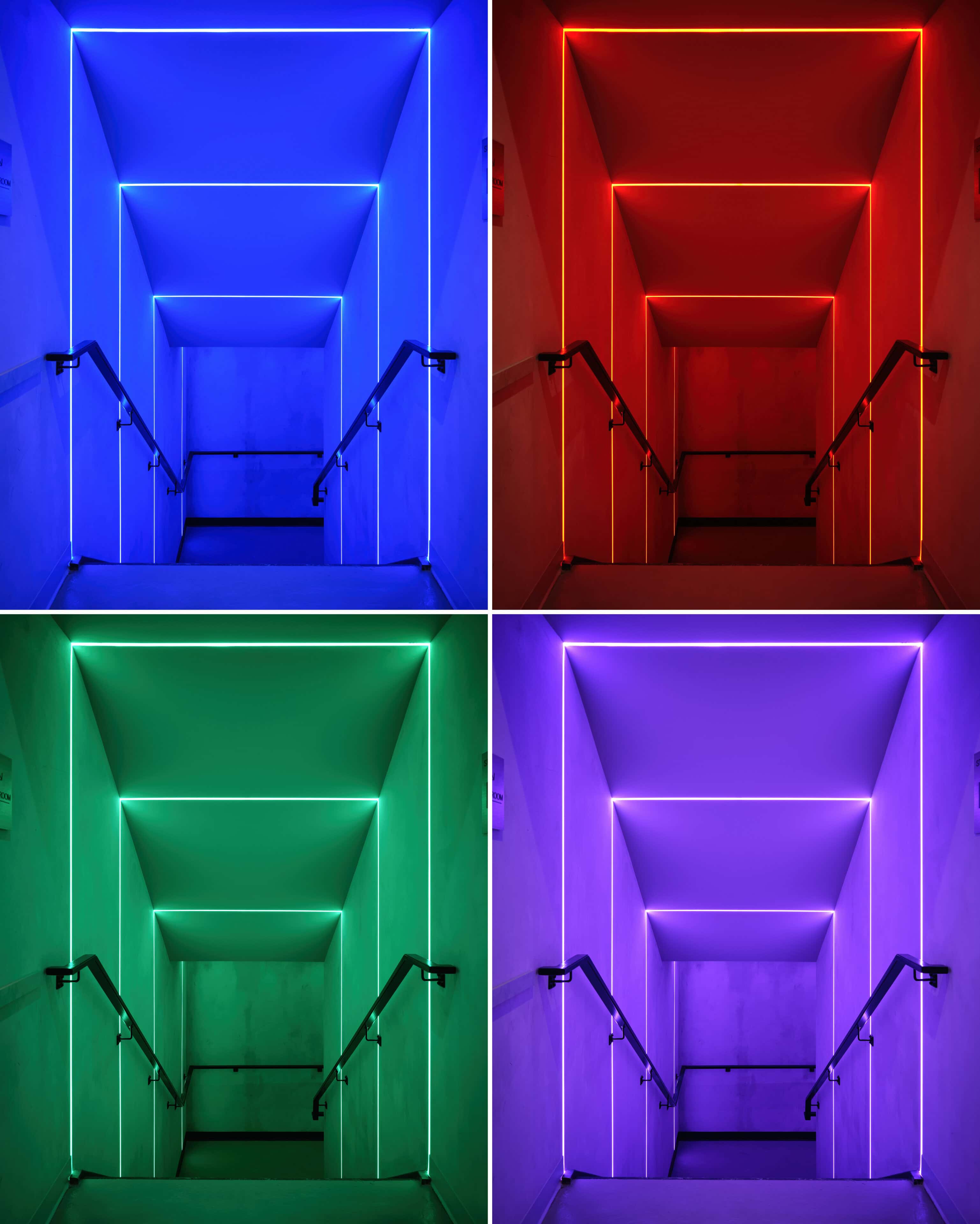 The colour-changing stairwell at HISTORY Ottawa in blue, red, green and violet, PureEdge TruLine RGBW runs photographed from one position