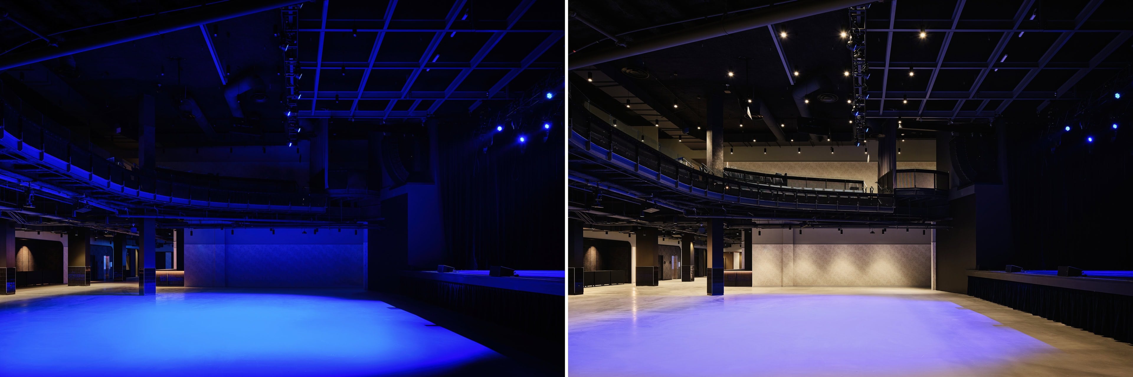 The main hall at HISTORY Ottawa photographed from one position in two states, lights down and lights up