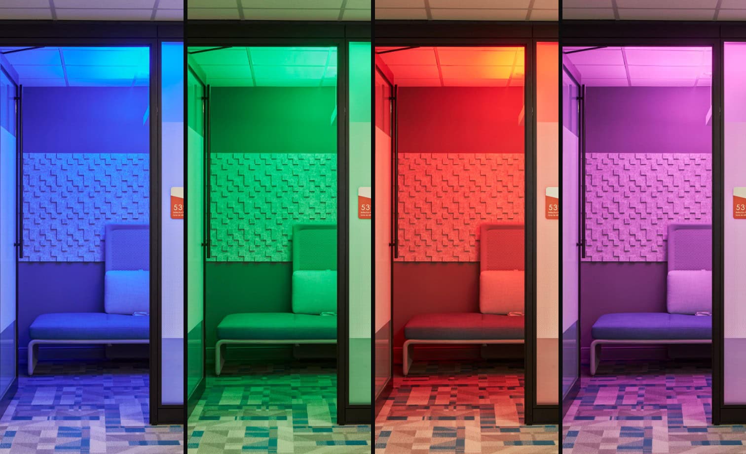 Reflection Point 539 at Translation Bureau in Ottawa, the same small room with its acoustic wall and bench shown in blue, green, red and purple.