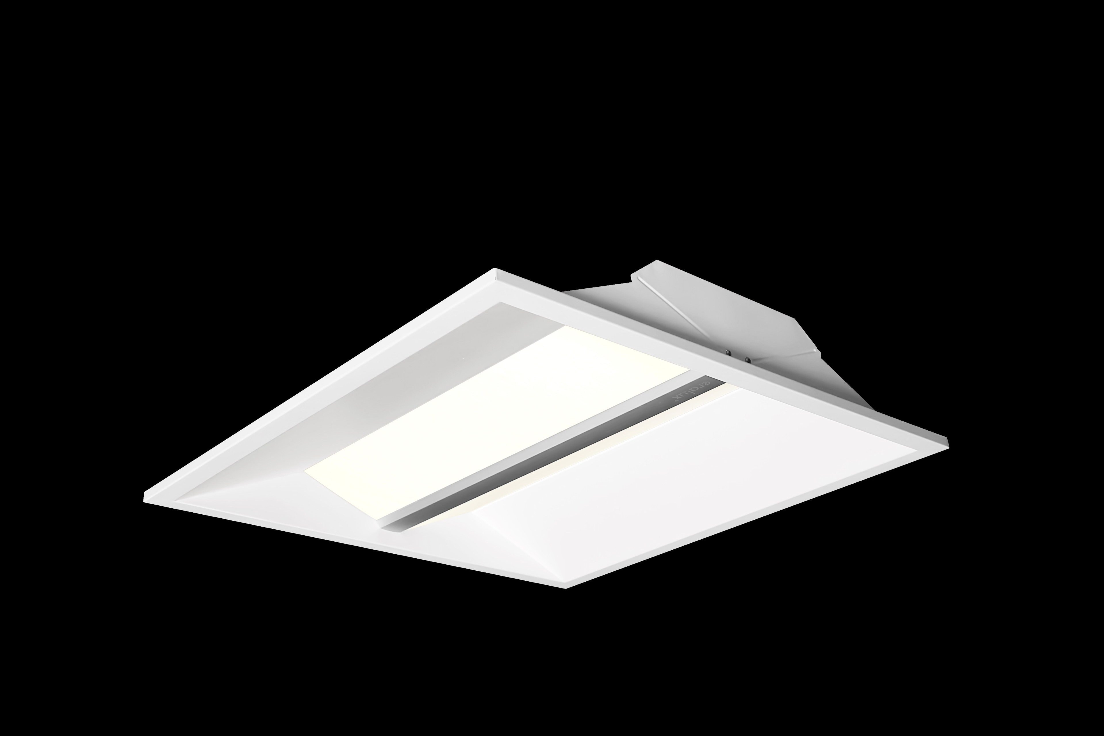 Product view of the Eralux OLYMPUS recessed T-grid troffer: a white unit with a solid aluminum centre spine flanked by two angled luminous surfaces, so the LEDs are not in direct view.